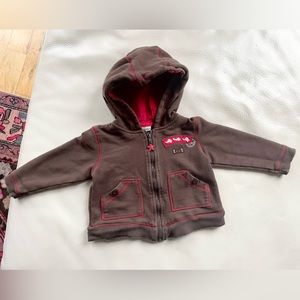 4/$20💥Girls Chocolate Brown Full Zip-Up Hoodie Sweatshirt, Red Stitching, Pocket